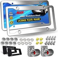 aootf stainless steel license plate frames - high-quality mirror silver car tag covers with chrome screw caps, 4 hole 2 pack front & rear holders for women/men, tire valve caps, rattle proof pads logo