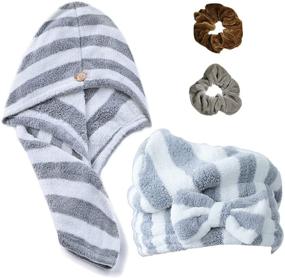 img 4 attached to 🧖 2-Pack Hair Towel Wrap Turban Microfiber - Quick-Drying Twist Head Towels with Button, Ideal for Shower, Bath, and Hair Care - Includes One Wrap, One Cap, and Two Velvet Hair Bands