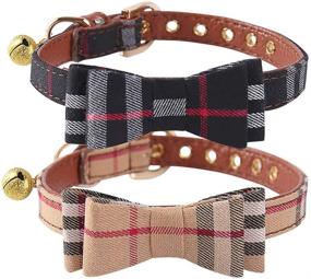 img 4 attached to 🐶 Plaid Adjustable Bowtie Soft Leather Dog Collar with Bell - 2 Pack - Ideal for Small Dogs, Cats, Kittens, and Puppies