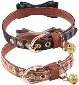 img 2 attached to 🐶 Plaid Adjustable Bowtie Soft Leather Dog Collar with Bell - 2 Pack - Ideal for Small Dogs, Cats, Kittens, and Puppies