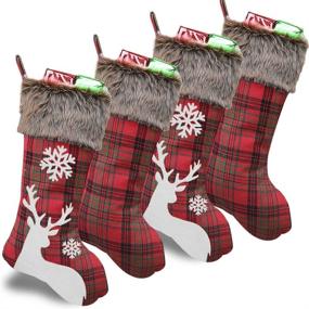 img 4 attached to 🎅 WUJOMZ Set of 4 Plaid Christmas Stockings, 18 Inches Burlap with Large Snowflake Pattern and Plush Faux Fur Cuff, for Xmas Home Decor, Enhancing Christmas Decorations