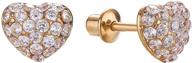 18k gold plated heart stud earrings for kids, baby, toddler, little girls with crystal dome and hypoallergenic surgical steel post. secure screwback for ultra sensitive ears. logo