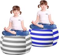 efficient 2 pack stuffed animal bean bag chair cover: soft velvet & plush organizer for kids toys, blankets, towels, clothes - white grey blue strips логотип