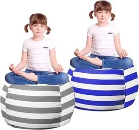 img 4 attached to Efficient 2 Pack Stuffed Animal Bean Bag Chair Cover: Soft Velvet & Plush Organizer for Kids Toys, Blankets, Towels, Clothes - White Grey Blue Strips