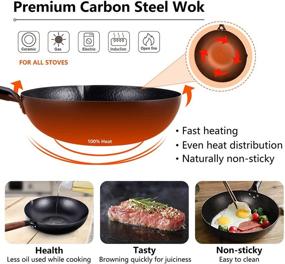 img 3 attached to 🍳 12.5" Carbon Steel Wok Pan with Lid, Spatula, and Detachable Wooden Handle – Nonstick Iron Wok for Electric, Induction, and Gas Stoves, Flat Bottom Chinese Stir Fry Pan without Chemical Coating