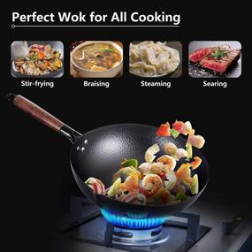 img 1 attached to 🍳 12.5" Carbon Steel Wok Pan with Lid, Spatula, and Detachable Wooden Handle – Nonstick Iron Wok for Electric, Induction, and Gas Stoves, Flat Bottom Chinese Stir Fry Pan without Chemical Coating