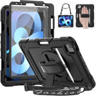 hxcaseac ipad air 4 case 2020/pro 11 case - full body protection, shockproof, with screen protector, shoulder strap, rotating hand strap/stand, pen holder - black logo