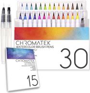 🖌️ набор акварельных маркеров chromatek из 30 штук с настоящим кистевым наконечником, онлайн серия видеоуроков и блокнотом на 15 страниц. яркие, смешиваемые, профессиональное качество для художников. включает 27 цветов и 3 маркера для смешивания с водой. логотип