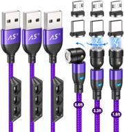 💜 a.s gen2 usb magnetic charging cable (3-pack, 3ft+6ft+6ft) - purple, nylon braided 3a fast charging data cable: universal magnetic phone charger compatible with micro usb, type c devices logo