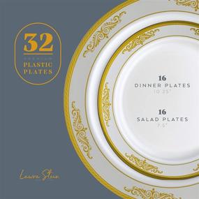 img 2 attached to 🍽️ Laura Stein Designer Dinnerware Set, 32 Disposable Plastic Party Plates, White Plate with Gold Rim and Brushed Grey Accents, Includes 16 x 10.75" Dinner Plates and 16 x 7.5" Salad Plates, Traditional