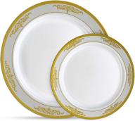 🍽️ laura stein designer dinnerware set, 32 disposable plastic party plates, white plate with gold rim and brushed grey accents, includes 16 x 10.75" dinner plates and 16 x 7.5" salad plates, traditional logo