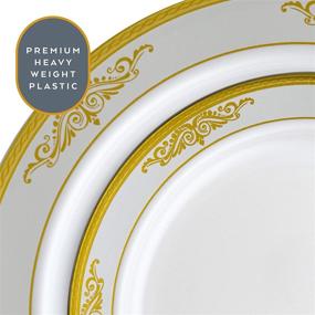 img 1 attached to 🍽️ Laura Stein Designer Dinnerware Set, 32 Disposable Plastic Party Plates, White Plate with Gold Rim and Brushed Grey Accents, Includes 16 x 10.75" Dinner Plates and 16 x 7.5" Salad Plates, Traditional