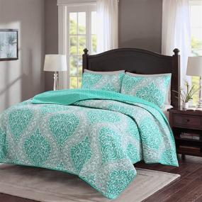 img 3 attached to 🛏️ Comfort Spaces Coco Ultra Soft Printed Damask Quilt Coverlet Bedspread Set - Hypoallergenic Twin/Twin XL Bedding, Teal-Grey