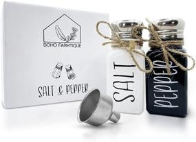 img 4 attached to 🧂 Boho Farmtique Farmhouse Salt and Pepper Shakers Set: Vintage Black & White Finish, Rustic Twine, Stainless Steel Pour Lids - Classic Kitchen Decor with Refillable Funnel