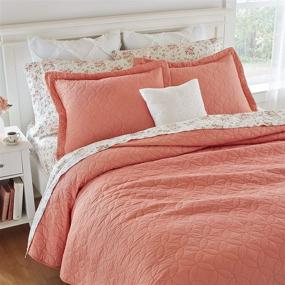 img 1 attached to 🛏️ Laura Ashley Solid Collection Quilt Set - 100% Cotton, Breathable, All Season Bedding with Matching Shams, Pre-Washed for Enhanced Softness, Full/Queen Size, Coral