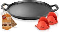 🍕 nutrichef 14" cast iron baking pan: versatile steel pizza cooker for gas, electric, glass, induction stoves, oven, grill, and campfire - 2 silicone handles included - efficient cooking tool in black logo