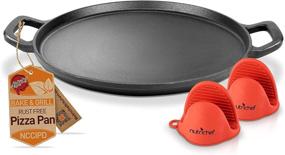 img 4 attached to 🍕 NutriChef 14" Cast Iron Baking Pan: Versatile Steel Pizza Cooker for Gas, Electric, Glass, Induction Stoves, Oven, Grill, and Campfire - 2 Silicone Handles Included - Efficient Cooking Tool in Black