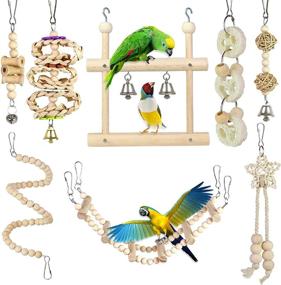 img 4 attached to 🐦 Premium Natural Wood Bird Swing Toys - 8-Piece Set for Small Birds including Parrots, Anchovies, Parakeets, Cockatiel, Conure, Mynah, Macaw - Durable Rope Bungee Bird Toy