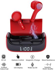 img 3 attached to 🎧 Red Bluetooth 5.0 Earbuds with Charging Case, K28R - 3-4 Hours Playtime, 3D Surround Sound, In-Ear Headphones for Android/Windows, Built-in Mic, Siri Wake-Up Support