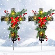 christmas decorations outdoor solar cross stake lights - 2 pack, waterproof ip65, auto on/off, grave decorations with 10 leds & pinecones for garden, yard, lawn, cemetery логотип