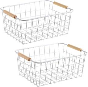 img 1 attached to LeleCAT White Wire Baskets with Wooden Handles: Stylish Storage 🧺 Organizers for Pantry, Cabinets, Closets, Bedrooms & Kitchen - Set of 2