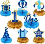 🎉 wild one honeycomb centerpieces - 1st birthday party decorations supplies for baby boy - blue and gold theme - includes 8 table toppers, photo booth props, and party favors logo