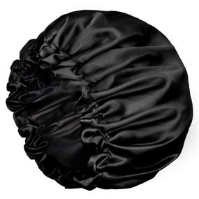 img 4 attached to 🎀 Black Soft Sleep Bonnet for Women & Girls - Adjustable Double Layer Large Silk Satin Bonnets for Curly Natural Hair - Night Sleep Cap