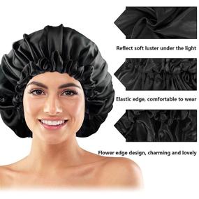 img 3 attached to 🎀 Black Soft Sleep Bonnet for Women & Girls - Adjustable Double Layer Large Silk Satin Bonnets for Curly Natural Hair - Night Sleep Cap