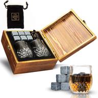 🥃 premium whiskey stones gift set: 6 granite ice stones with shot glasses and elegant wood box - perfect chilling stones for scotch, whiskey, bourbon, tequila, vodka, rum, wine logo