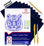 📝 raimarket carbon paper for tracing - 112 pcs set with 5 tracing paper for sewing patterns and wood, 1 pencil and lead box, 5 stylus - a4 size (9 x 13") graphite transfer paper in blue logo