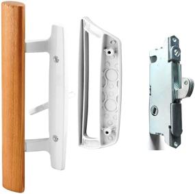 img 4 attached to Premium Oak Wood Sliding Glass Door Handle Set with 45° Keyway Lock, White Diecast Exterior Pull, and Non-Keyed Latch Locks