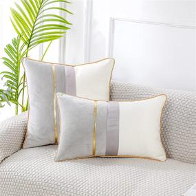 img 3 attached to Luxurious PANOD Patchwork Light Grey Silk-Like Velvet Pillow Cover with Gold Striped Leather Cushion – Modern Lumbar Pillowcase for Sofa, Couch, Bedroom, Living Room – 12x20 inch