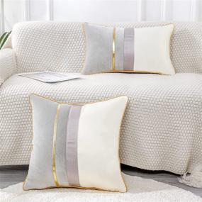 img 2 attached to Luxurious PANOD Patchwork Light Grey Silk-Like Velvet Pillow Cover with Gold Striped Leather Cushion – Modern Lumbar Pillowcase for Sofa, Couch, Bedroom, Living Room – 12x20 inch