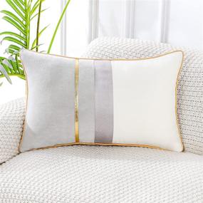 img 4 attached to Luxurious PANOD Patchwork Light Grey Silk-Like Velvet Pillow Cover with Gold Striped Leather Cushion – Modern Lumbar Pillowcase for Sofa, Couch, Bedroom, Living Room – 12x20 inch