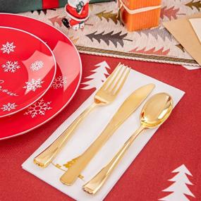 img 1 attached to 🎄 Hioasis 175PCS Christmas Plastic Partyware Set: White Snow & Red Plates, Gold Silverware, Clear Red Cups & Festive Napkins - Ideal for Christmas Celebrations