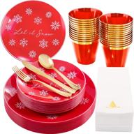 🎄 hioasis 175pcs christmas plastic partyware set: white snow & red plates, gold silverware, clear red cups & festive napkins - ideal for christmas celebrations logo