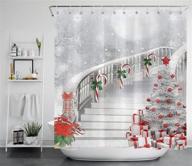 merry christmas season eve new year decorative decor gift shower curtain - polyester fabric 72x72 inch - white night snow candy cane tree stairs - bathroom bath liner set by lb logo