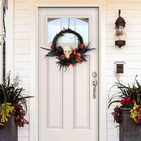 img 3 attached to 🎃 XAMSHOR Halloween Wreath - Skull, Rose, Pumpkin, Ribbon - 15" Grapevine Wreath for Front Door, Window, Wall - Artificial Halloween Decoration