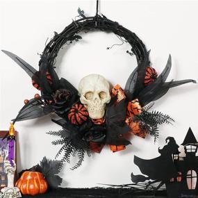 img 4 attached to 🎃 XAMSHOR Halloween Wreath - Skull, Rose, Pumpkin, Ribbon - 15" Grapevine Wreath for Front Door, Window, Wall - Artificial Halloween Decoration