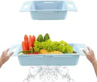 🥦 blue collapsible colander kitchen extendable strainer - fruits and vegetables drain basket - adjustable over the sink noodle pasta food drainer for kitchen logo