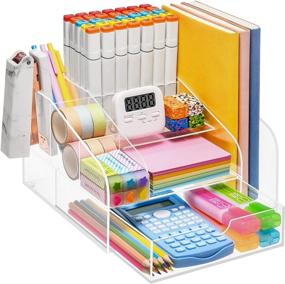 img 4 attached to VITVITI Acrylic Desk Organizer: Clear Multifunctional Pen & Stationery Holder with Drawer - 8 Compartment Office Storage for Magazine, Paper, and Art Supplies