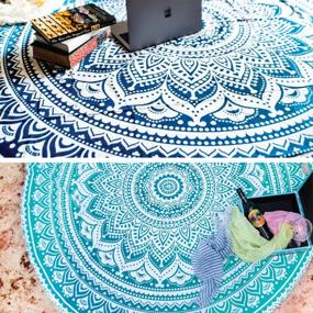 img 4 attached to Ombre Mandala Tapestry Set - Round Beach Blanket Hippie Indian Bohemian Picnic Table Cover Spread - Boho Gypsy Tablecloth or Circle Yoga Mat or Towel for Meditation - 72 Inches, Blue and Green