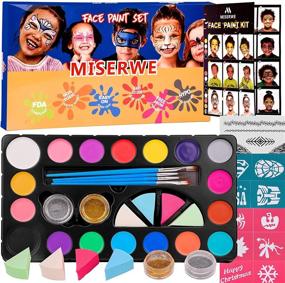 img 4 attached to 🎨 Miserwe Face Paint Kit - Professional 18 Color Palette with Stencils, Glitter, Brushes, and Sponge Set - Safe, Non-Toxic, Washable Body & Face Paint for Kids and Adults