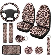 set of 10 leopard print car accessories for most cars - includes front seat covers, steering wheel cover, cup holder coasters, armrest pad cover, seat belt pads, and keychain wrist strap logo