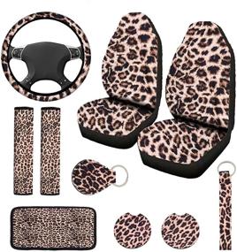 img 4 attached to Set of 10 Leopard Print Car Accessories for Most Cars - Includes Front Seat Covers, Steering Wheel Cover, Cup Holder Coasters, Armrest Pad Cover, Seat Belt Pads, and Keychain Wrist Strap