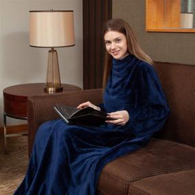 img 4 attached to 🧥 Fleece Wearable Blanket with Sleeves, Foot Pocket, and Hook & Loop for Adults - Plush Throw for Lounge, Couch, Reading, TV - 79" x 67" Navy