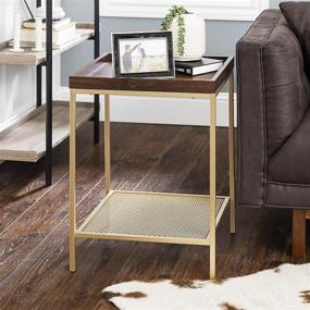 img 4 attached to 🌲 Walker Edison Dark Walnut and Gold Industrial Farmhouse Metal Frame Square Side Accent Table Set with Storage Shelf and 18 Inch End Table for Living Room