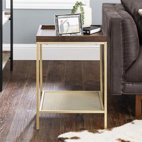 img 3 attached to 🌲 Walker Edison Dark Walnut and Gold Industrial Farmhouse Metal Frame Square Side Accent Table Set with Storage Shelf and 18 Inch End Table for Living Room