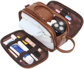 img 3 attached to 🧳 Men's Large Capacity Toiletry Bag - Travel Shaving Dopp Kit with All-In-One Bathroom Toiletries Organizer - Leather Cosmetic Bag in Brown