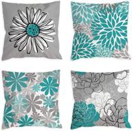 🌼 colorpapa teal pillow covers 18x18 set of 4: turquoise and grey modern daisy decorative throw pillow covers for couch, living room, bed, or outdoor home decor логотип